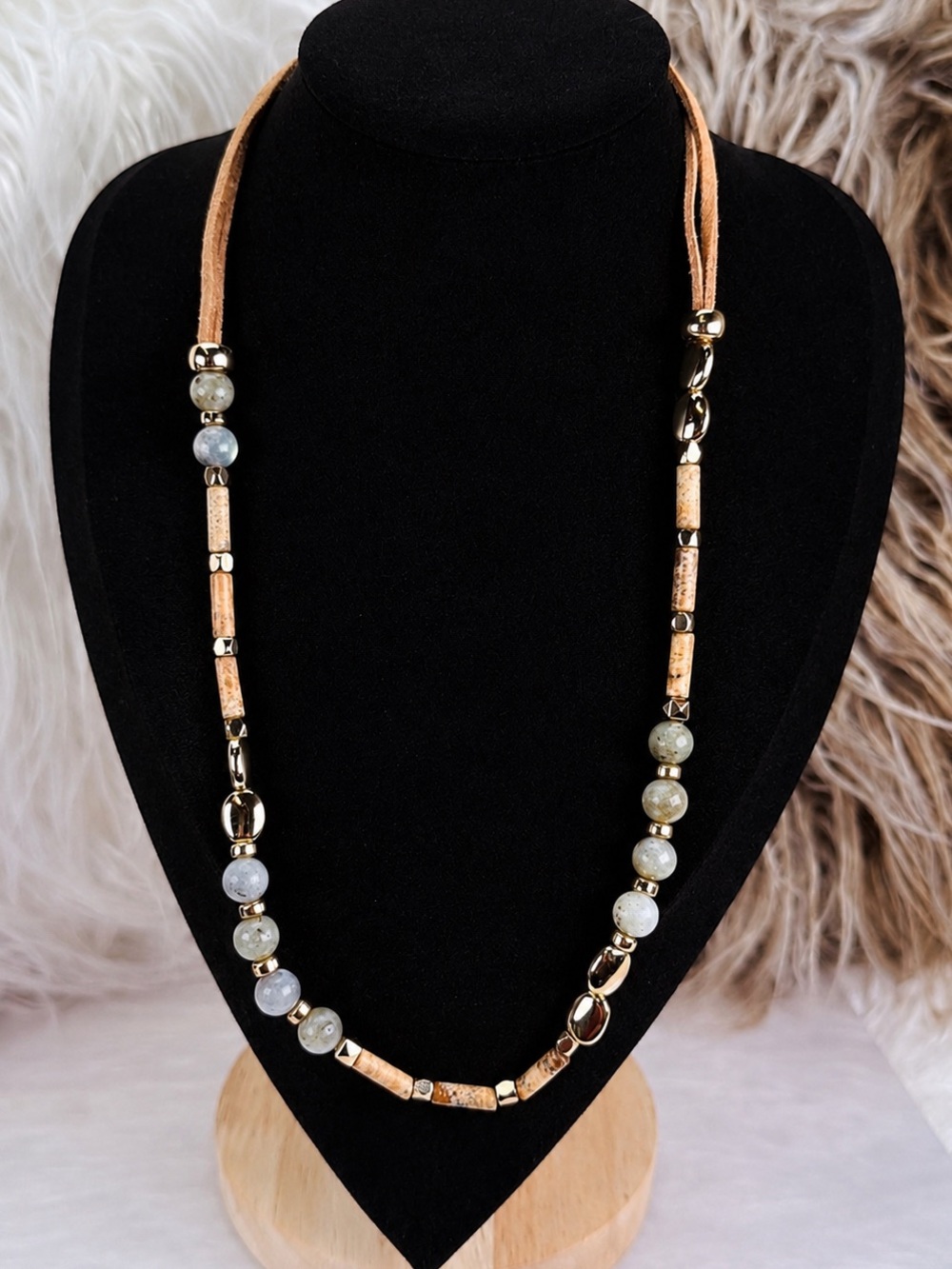 Bohemian festival chic gemstone, goldtone, faux leather double strap, necklace